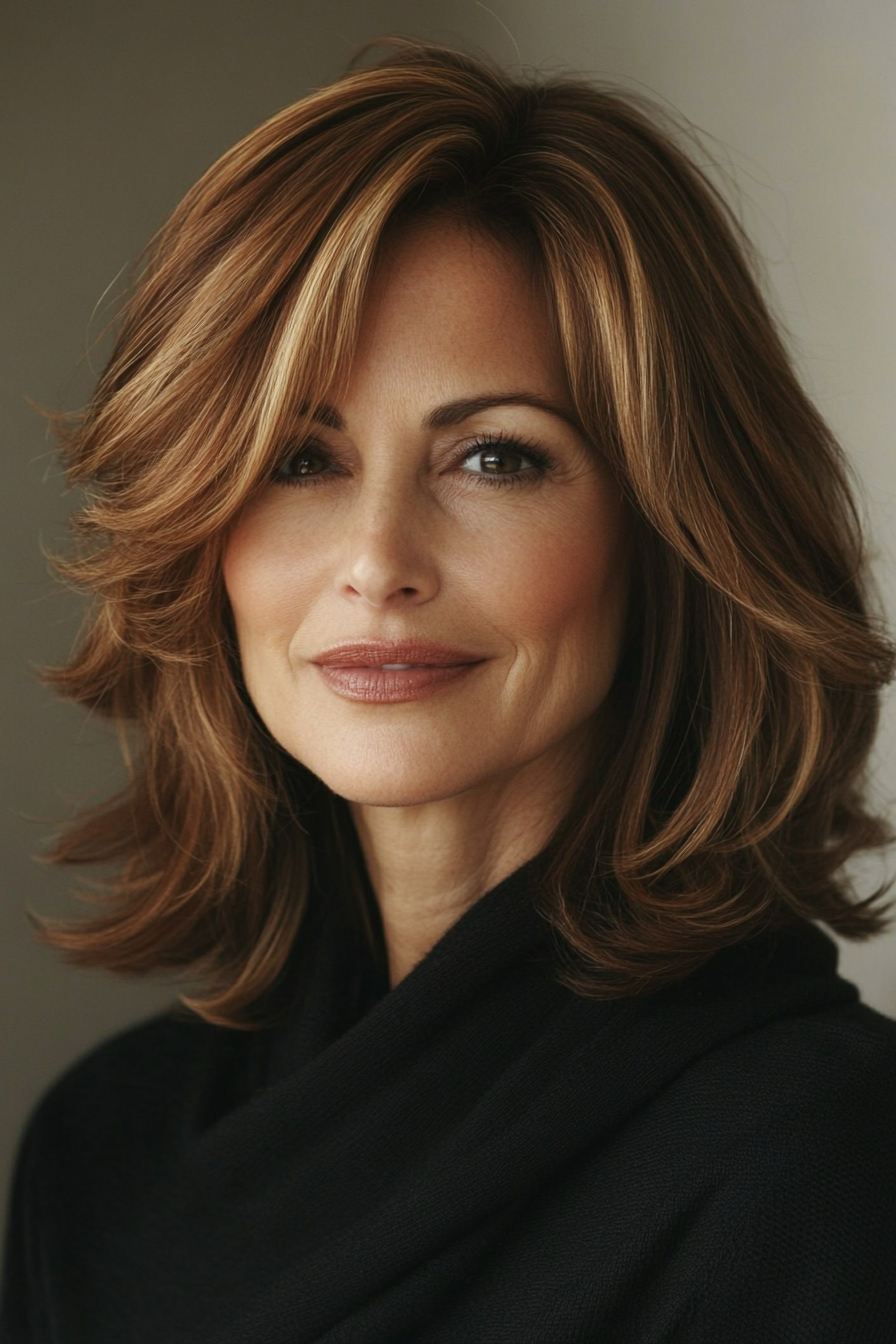 1. Soft Layered Bob with Warm Chestnut (Mid Length Haircuts For Women Over 50) - Mid Length Haircuts For Women Over 50
