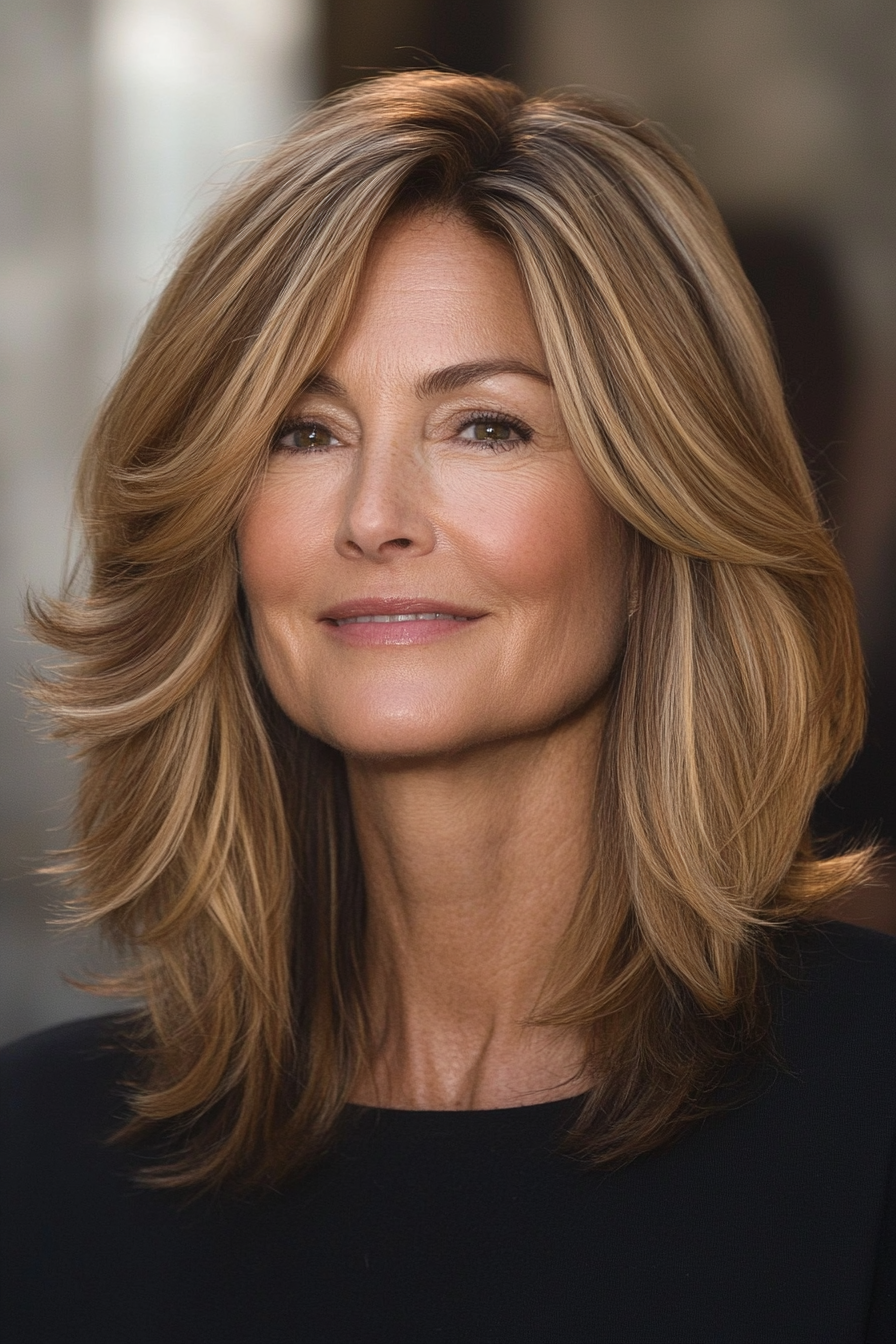 3. Textured Lob with Golden Blonde Highlights (Mid Length Haircuts For Women Over 50) - Mid Length Haircuts For Women Over 50