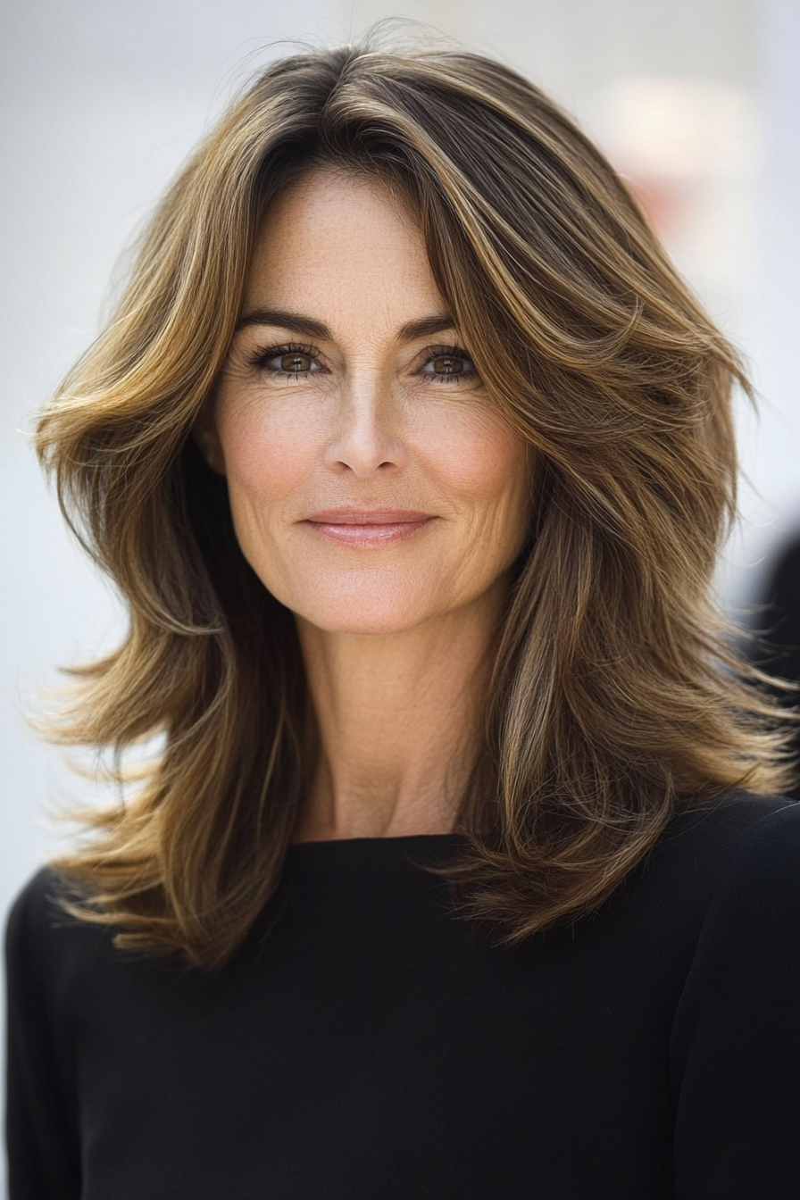 5. Shoulder-Length Layers with Caramel Brown (Mid Length Haircuts For Women Over 50) - Mid Length Haircuts For Women Over 50