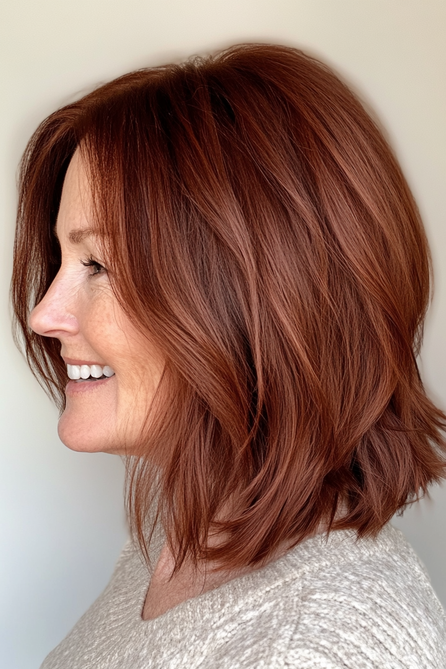 6. Choppy Lob with Deep Auburn Tones (Mid Length Haircuts For Women Over 50) - Mid Length Haircuts For Women Over 50