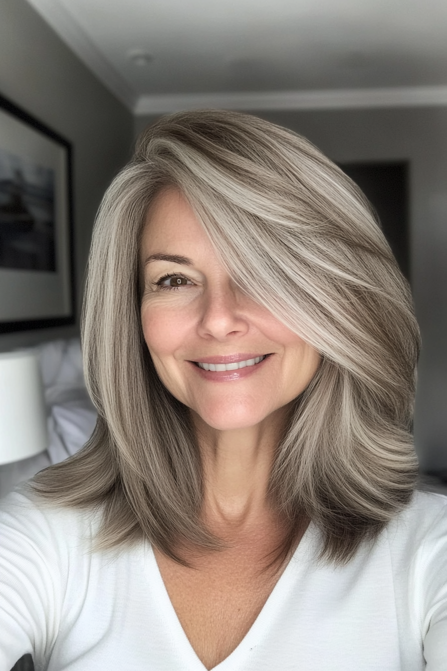 7. Feathered Midi Cut with Ash Brown (Mid Length Haircuts For Women Over 50) - Mid Length Haircuts For Women Over 50