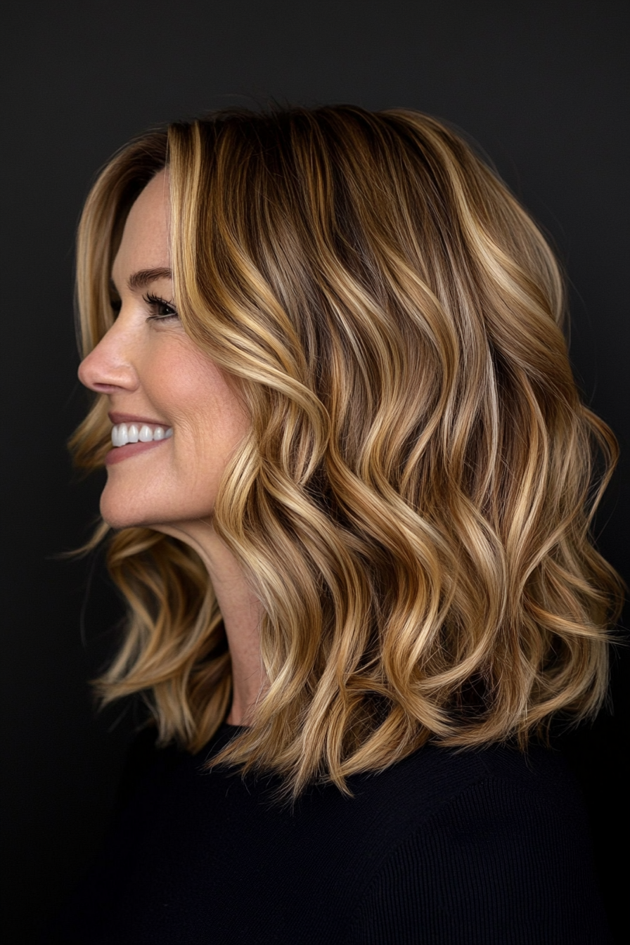 8. Wavy Mid-Length Cut with Honey Blonde Balayage (Mid Length Haircuts For Women Over 50) - Mid Length Haircuts For Women Over 50