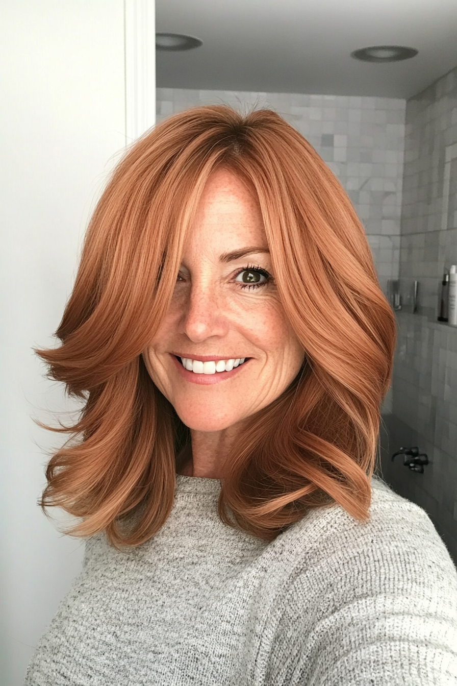 10. Flipped Ends Cut with Light Copper (Mid Length Haircuts For Women Over 50) - Mid Length Haircuts For Women Over 50