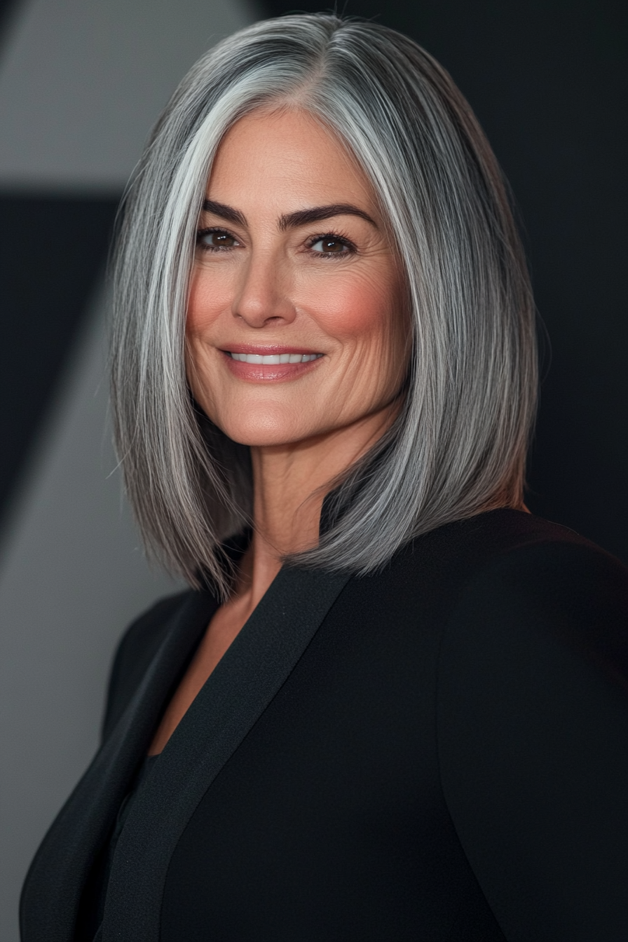 11. Angled Shoulder-Length Cut with Natural Gray Blend (Mid Length Haircuts For Women Over 50) - Mid Length Haircuts For Women Over 50