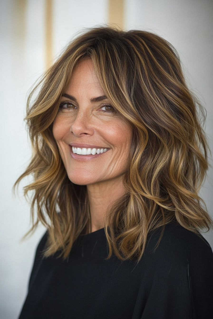 13. Tousled Midi Cut with Cool Brown Highlights (Mid Length Haircuts For Women Over 50) - Mid Length Haircuts For Women Over 50