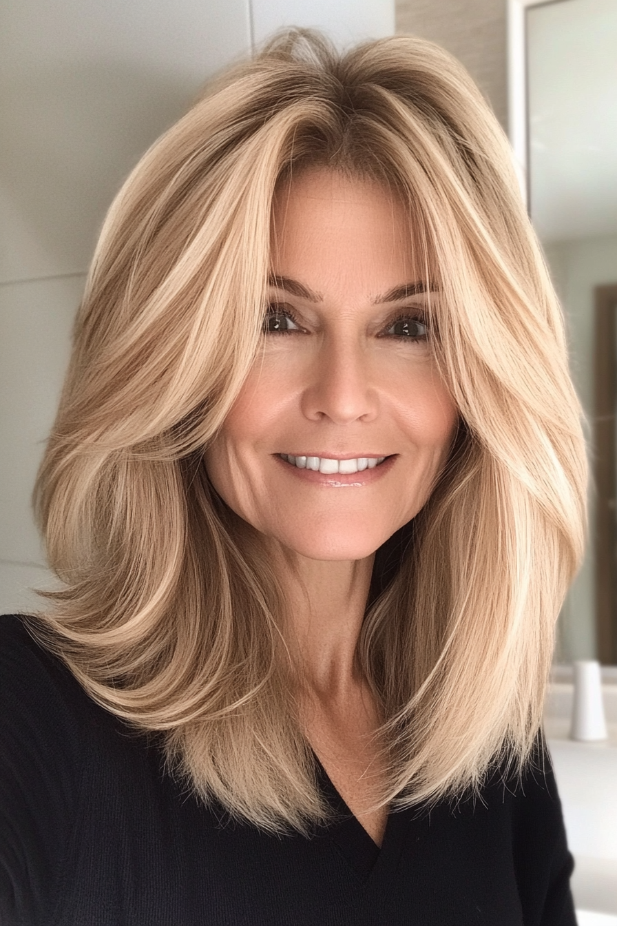 15. Layered Shoulder-Length Cut with Sandy Blonde (Mid Length Haircuts For Women Over 50) - Mid Length Haircuts For Women Over 50
