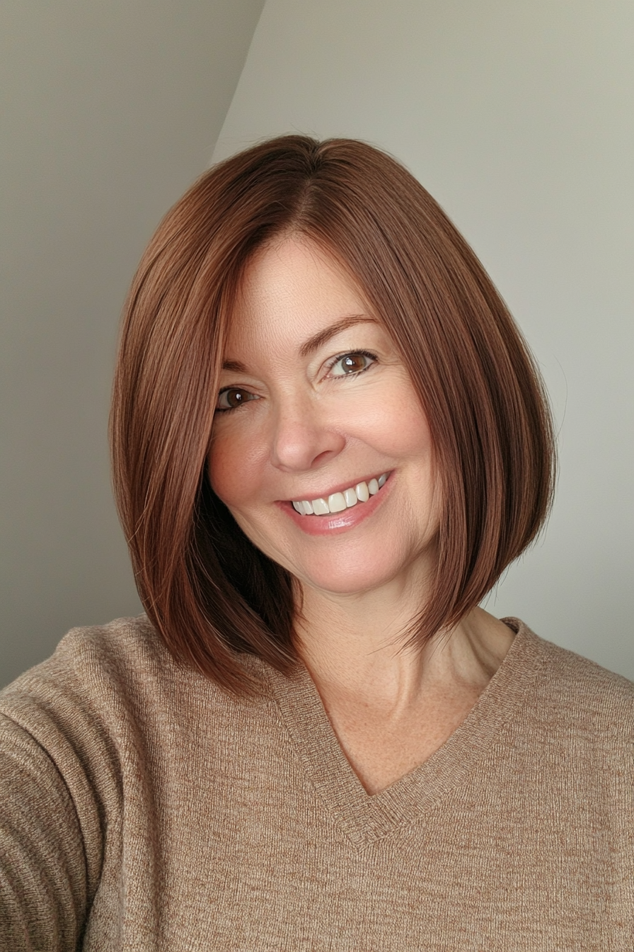 16. Subtle A-Line Lob with Mahogany Brown (Mid Length Haircuts For Women Over 50) - Mid Length Haircuts For Women Over 50