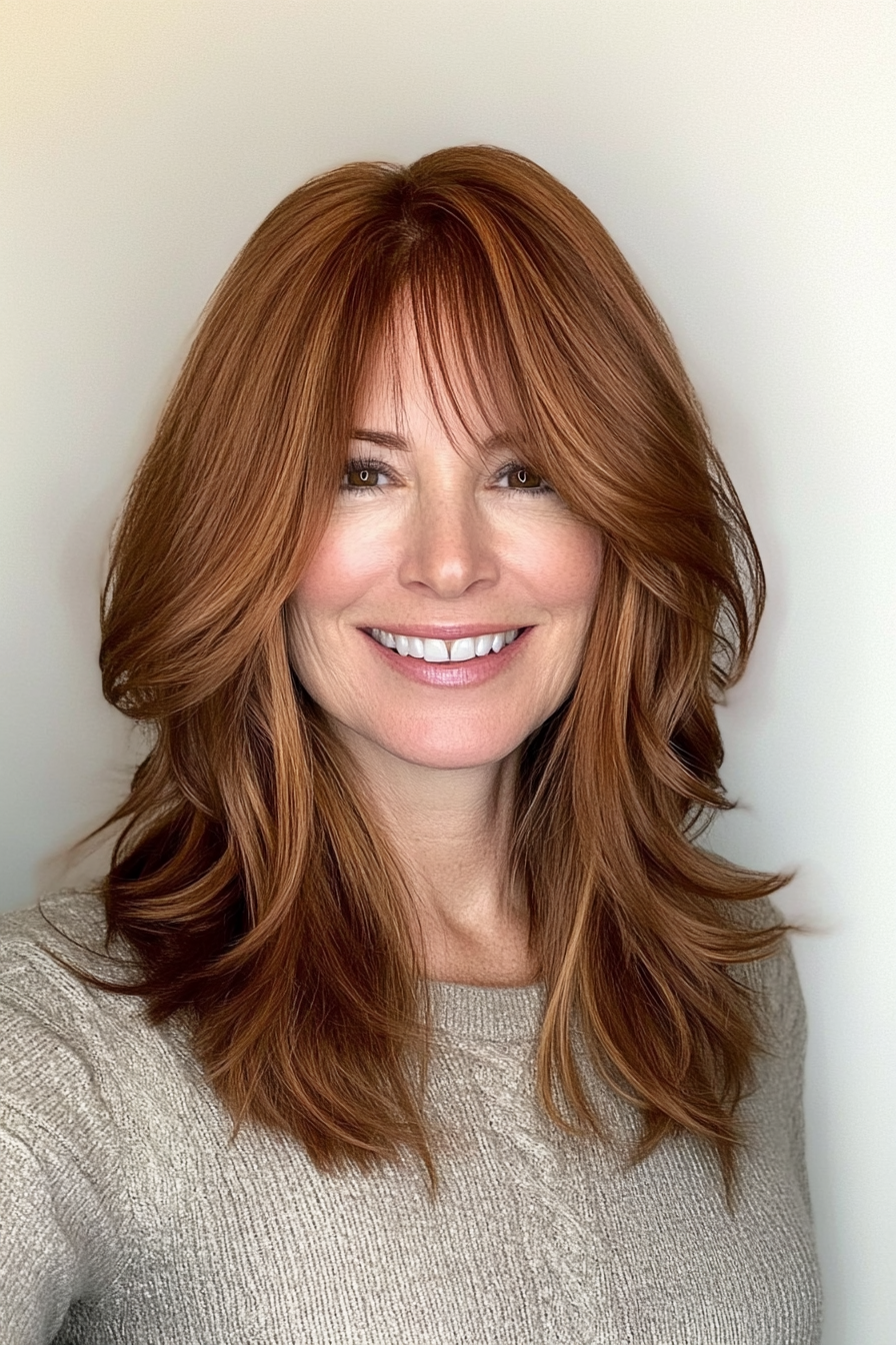 17. Curtain Bangs with Chestnut Highlights (Mid Length Haircuts For Women Over 50) - Mid Length Haircuts For Women Over 50