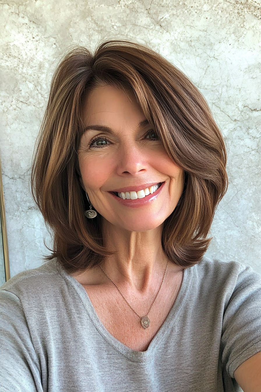 18. Side-Parted Midi Cut with Warm Honey Brown (Mid Length Haircuts For Women Over 50) - Mid Length Haircuts For Women Over 50