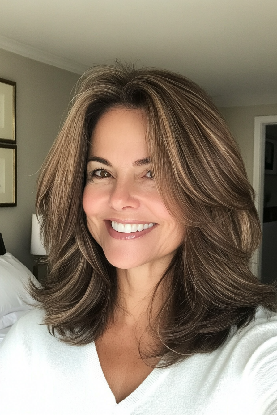 21. Layered Midi Cut with Soft Chocolate Brown (Mid Length Haircuts For Women Over 50) - Mid Length Haircuts For Women Over 50