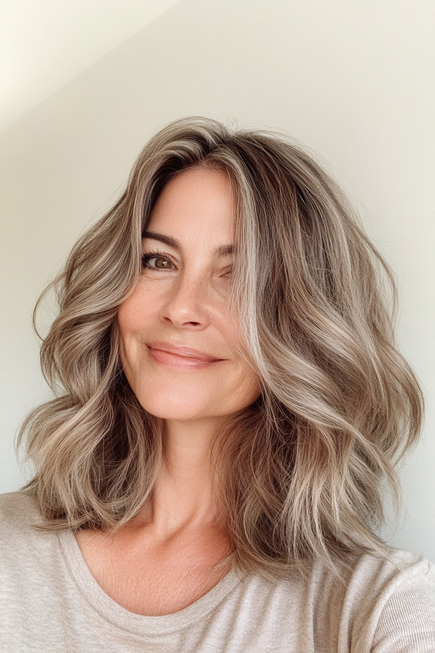 23. Messy Waves with Sandy Brown Highlights (Mid Length Haircuts For Women Over 50) - Mid Length Haircuts For Women Over 50