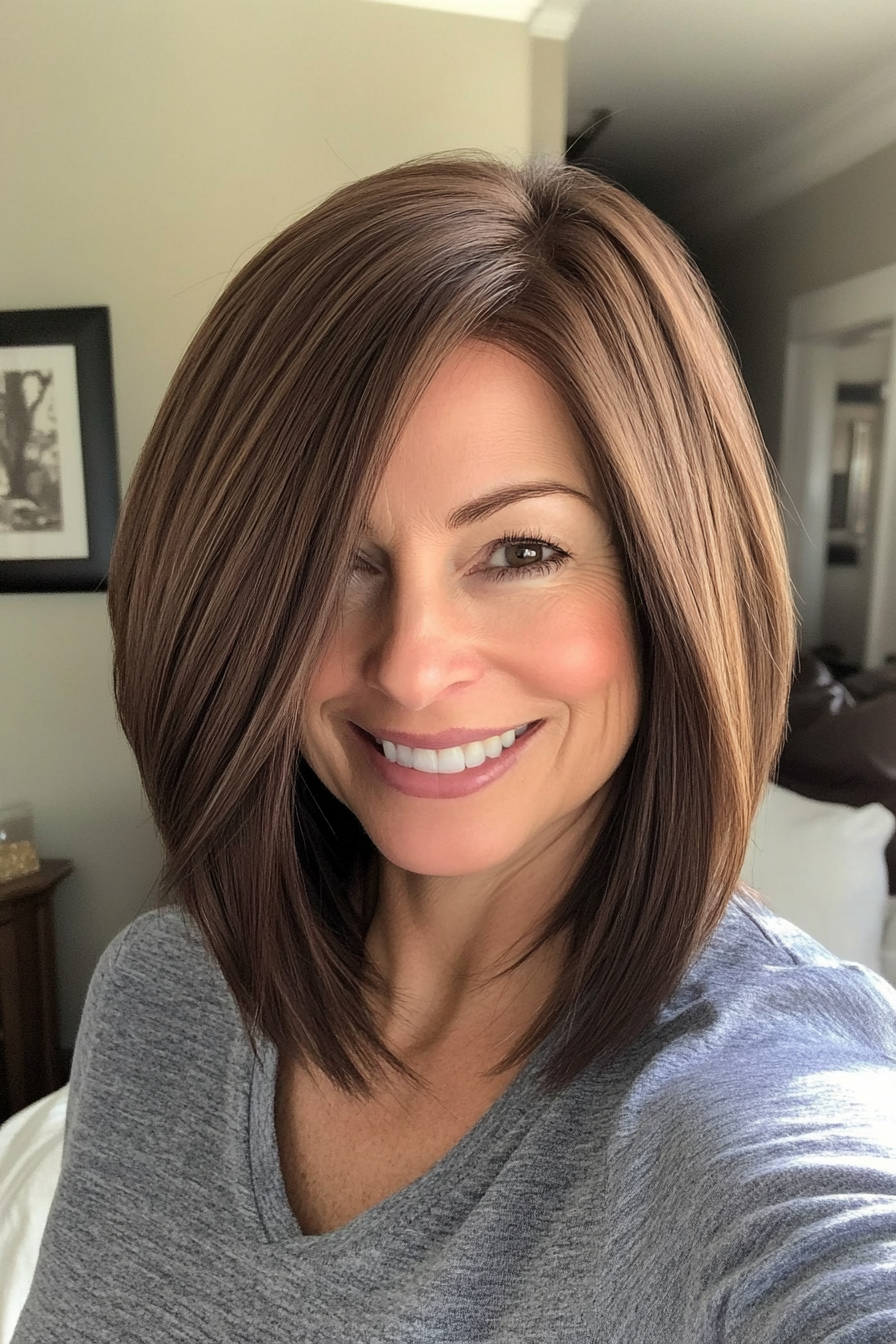 24. Tapered Lob with Cool Mocha Brown (Mid Length Haircuts For Women Over 50) - Mid Length Haircuts For Women Over 50