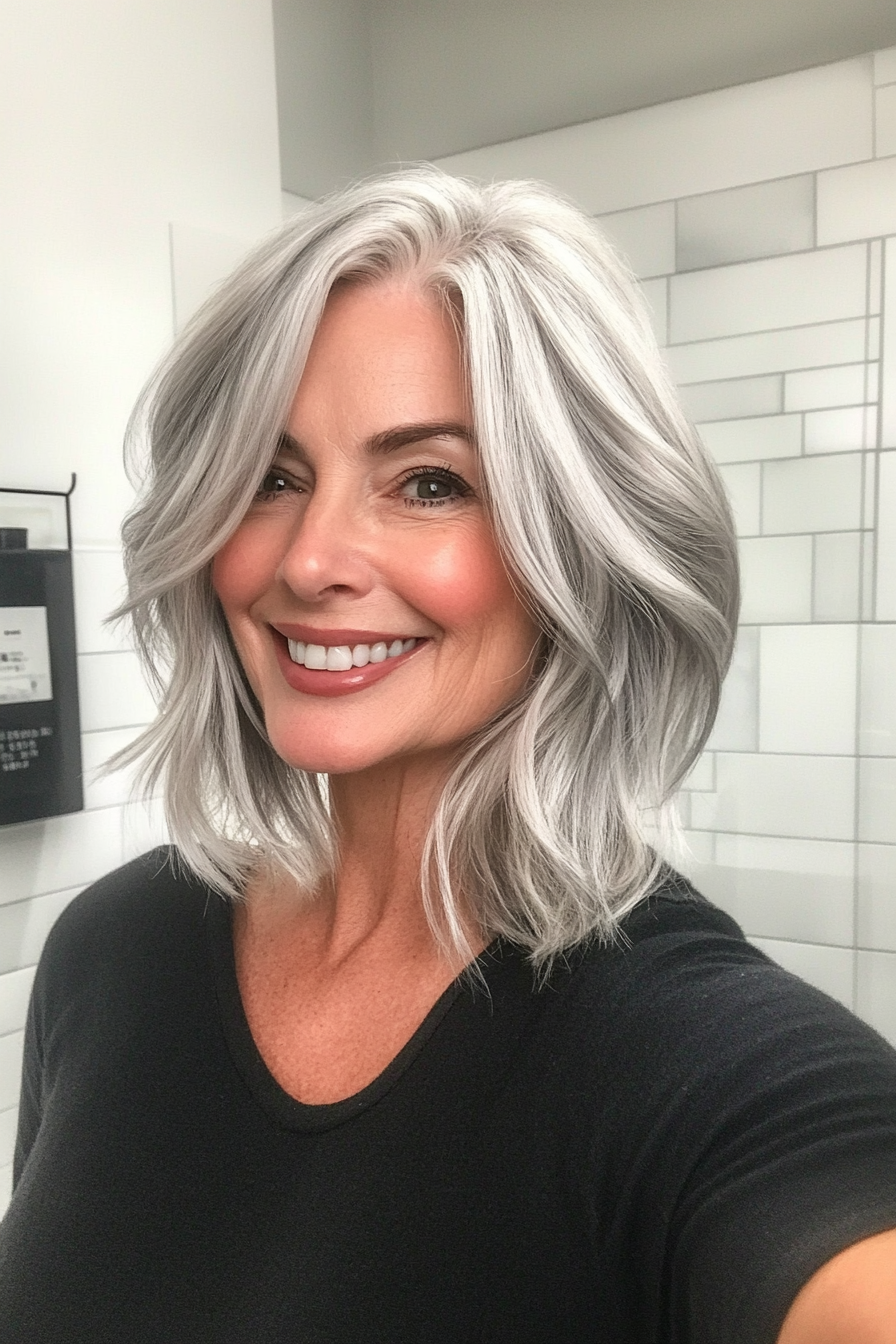25. Shoulder-Grazing Cut with Platinum Silver Blend (Mid Length Haircuts For Women Over 50) - Mid Length Haircuts For Women Over 50