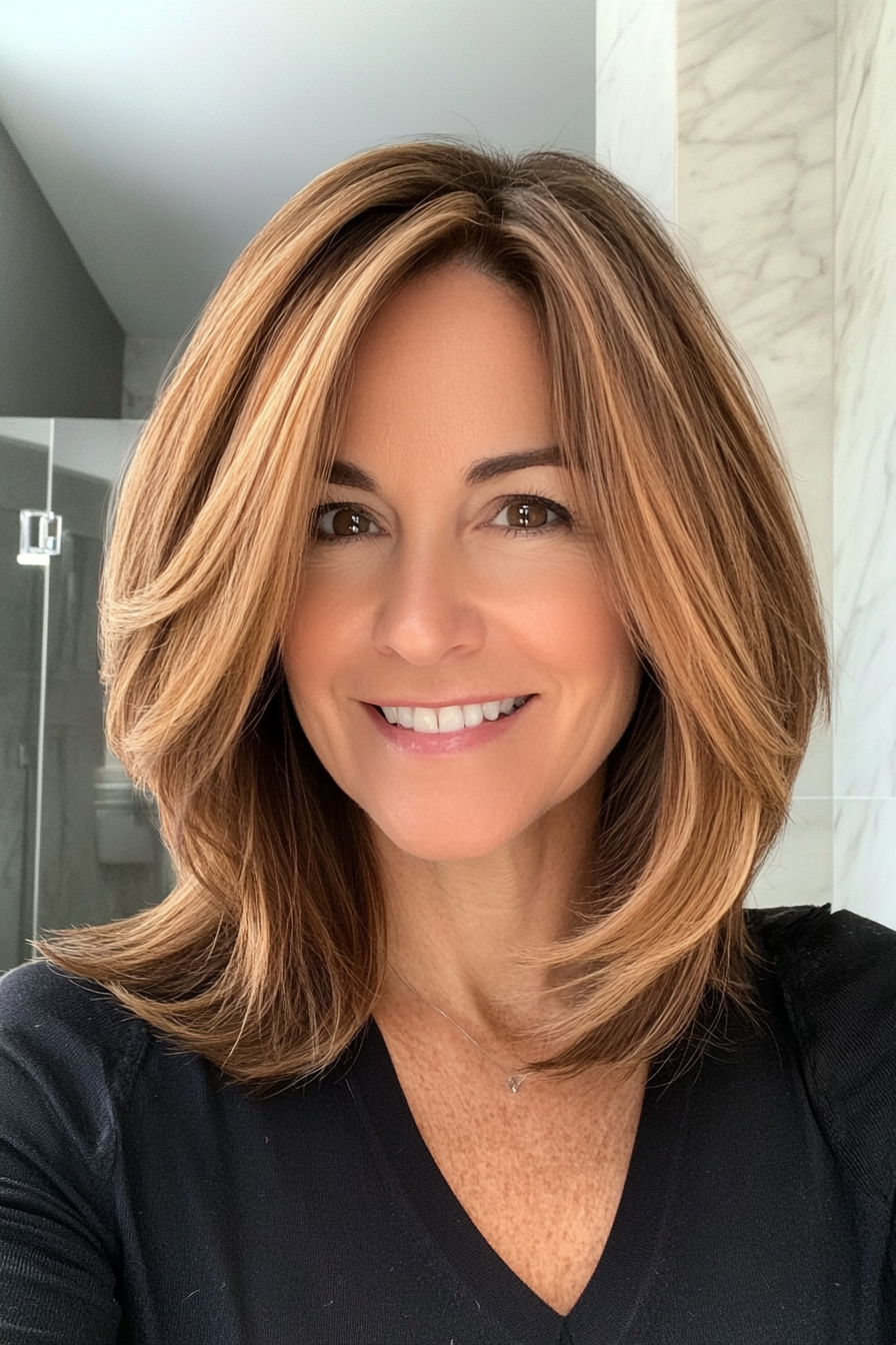 26. Side-Swept Midi Cut with Light Golden Brown (Mid Length Haircuts For Women Over 50) - Mid Length Haircuts For Women Over 50