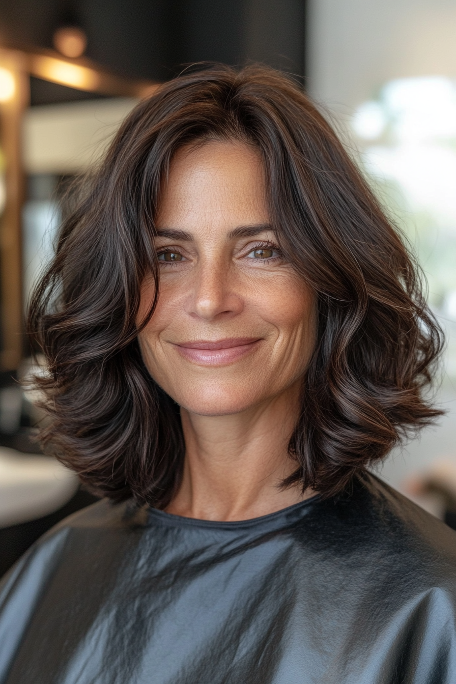 27. Effortless Beach Waves with Natural Brunette (Mid Length Haircuts For Women Over 50) - Mid Length Haircuts For Women Over 50