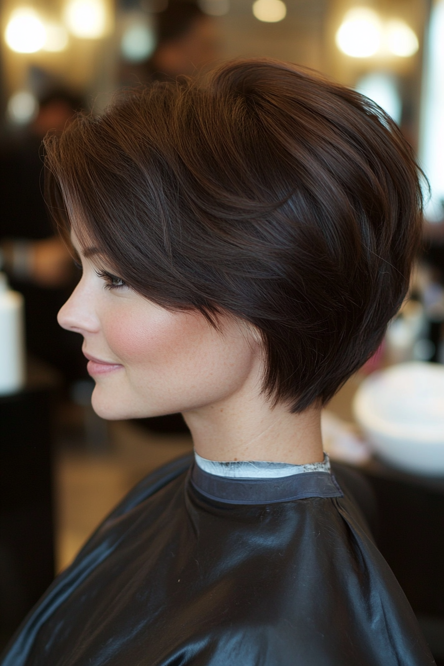 19. Sleek Pixie Bob with Side Part in Dark Brunette (Pixie Bob Haircut Ideas) - Pixie Bob Haircut Ideas