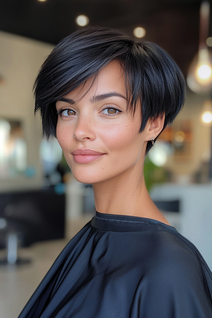 20. Undercut Pixie Bob in Jet Black (Pixie Bob Haircut Ideas) - Pixie Bob Haircut Ideas