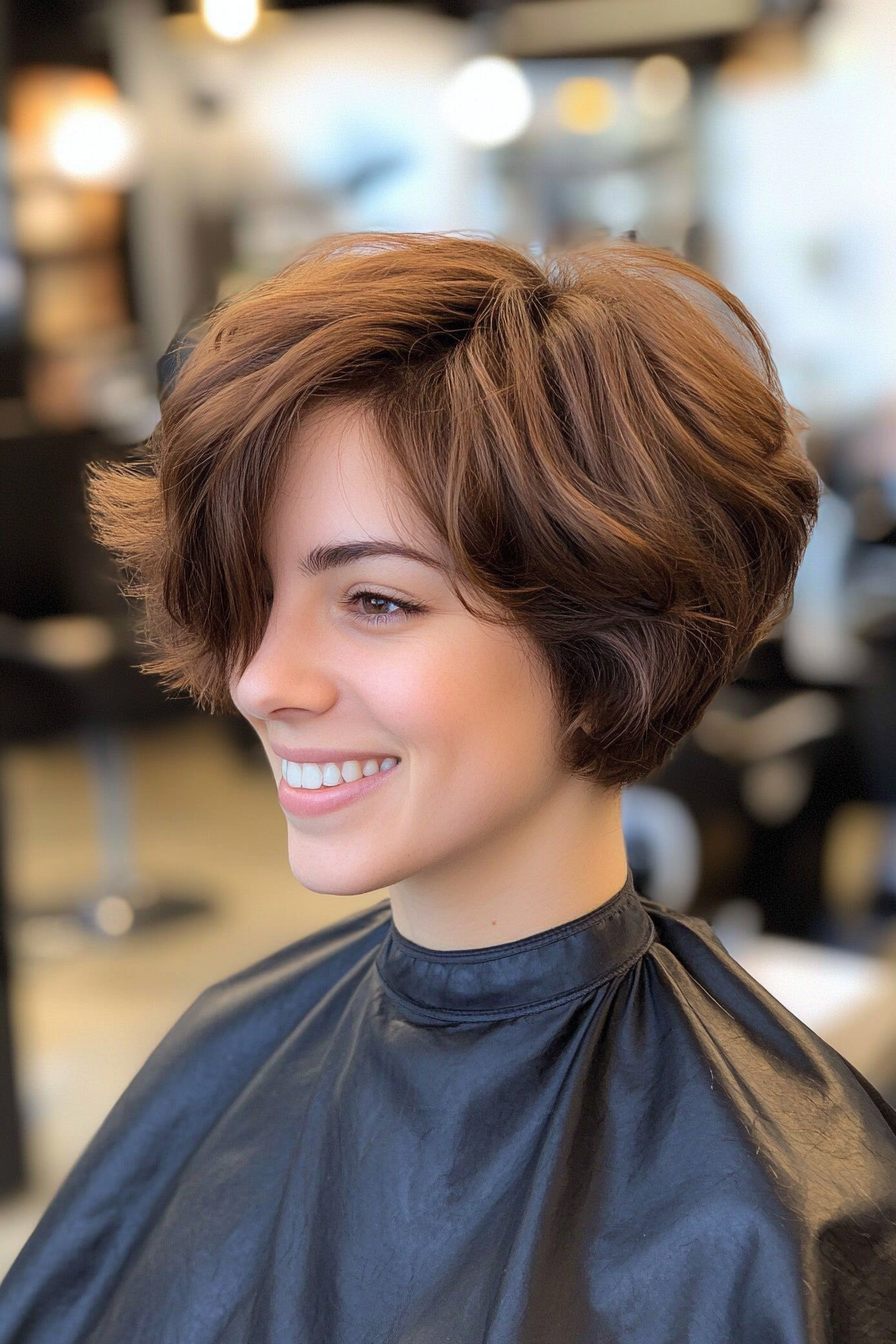 23. Curly Pixie Bob in Chestnut Brunette (Pixie Bob Haircut Ideas) - Pixie Bob Haircut Ideas