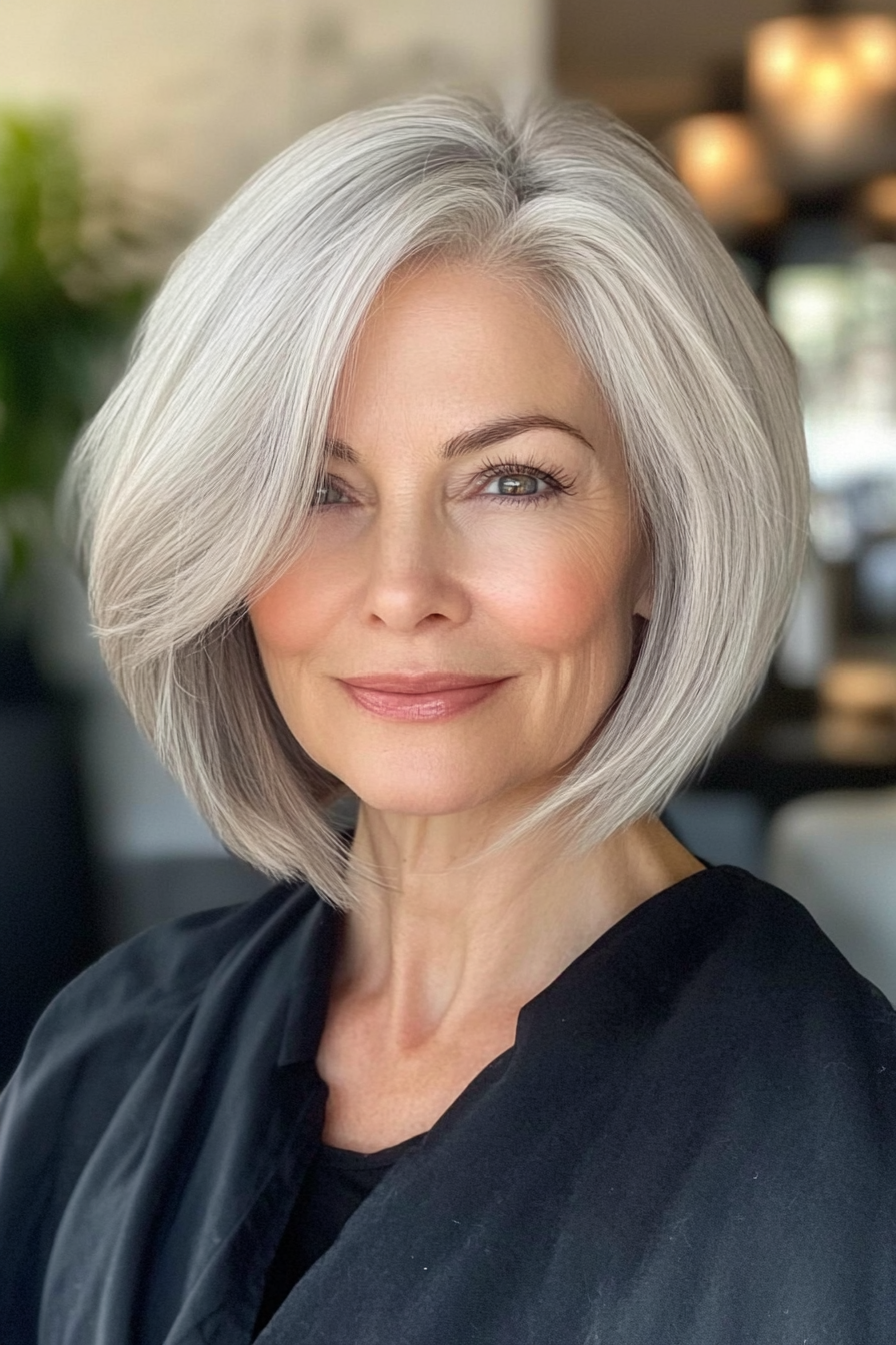 1. Feathered Bob in Silver Ash (Short Haircuts For Women Over 60 With Thin Hair) - Short Haircuts For Women Over 60 With Thin Hair