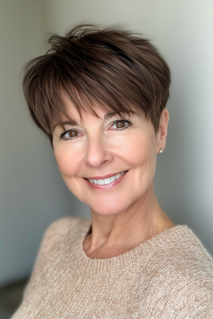 2. Soft Pixie in Deep Brunette (Short Haircuts For Women Over 60 With Thin Hair) - Short Haircuts For Women Over 60 With Thin Hair