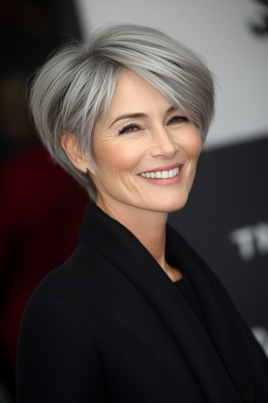 12. Cropped Layered Cut in Charcoal Gray (Short Haircuts For Women Over 60 With Thin Hair) - Short Haircuts For Women Over 60 With Thin Hair