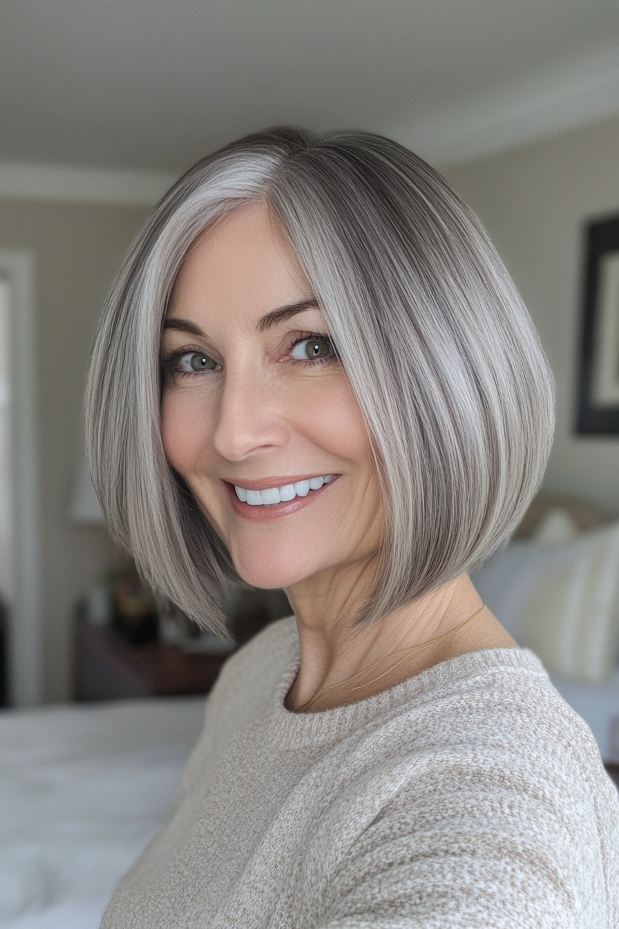 16. Classic French Bob in Smoky Gray (Short Haircuts For Women Over 60 With Thin Hair) - Short Haircuts For Women Over 60 With Thin Hair