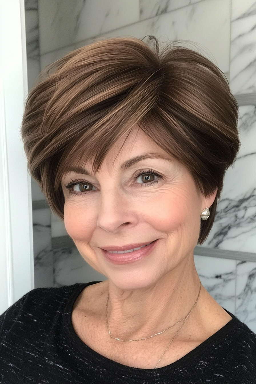 22. Soft Wedge Cut in Cocoa Brown (Short Haircuts For Women Over 60 With Thin Hair) - Short Haircuts For Women Over 60 With Thin Hair