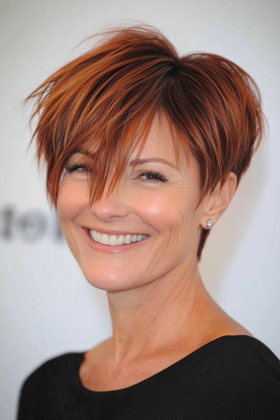23. Pixie with Side Bangs in Deep Copper (Short Haircuts For Women Over 60 With Thin Hair) - Short Haircuts For Women Over 60 With Thin Hair