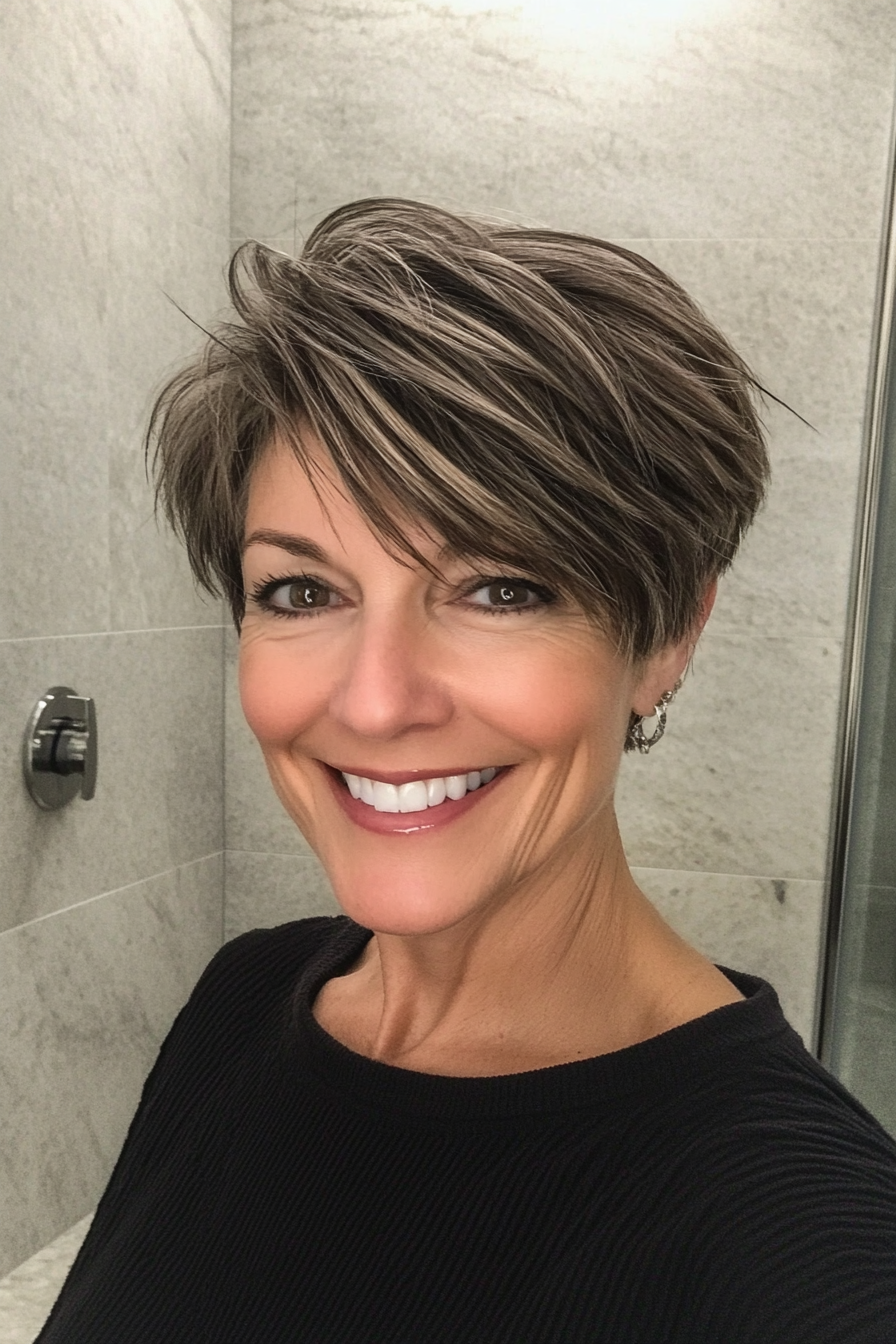 24. Edgy Textured Cut in Midnight Brown (Short Haircuts For Women Over 60 With Thin Hair) - Short Haircuts For Women Over 60 With Thin Hair