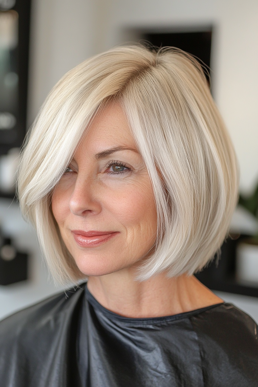27. Sleek A-Line Bob in Platinum Blonde (Short Haircuts For Women Over 60 With Thin Hair) - Short Haircuts For Women Over 60 With Thin Hair