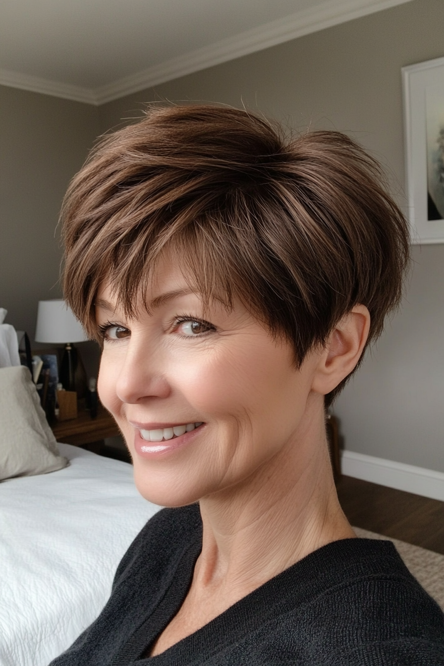 2. Textured Brunette Pixie with Side Fringe (Short Pixie Haircuts For Older Women) - Short Pixie Haircuts For Older Women