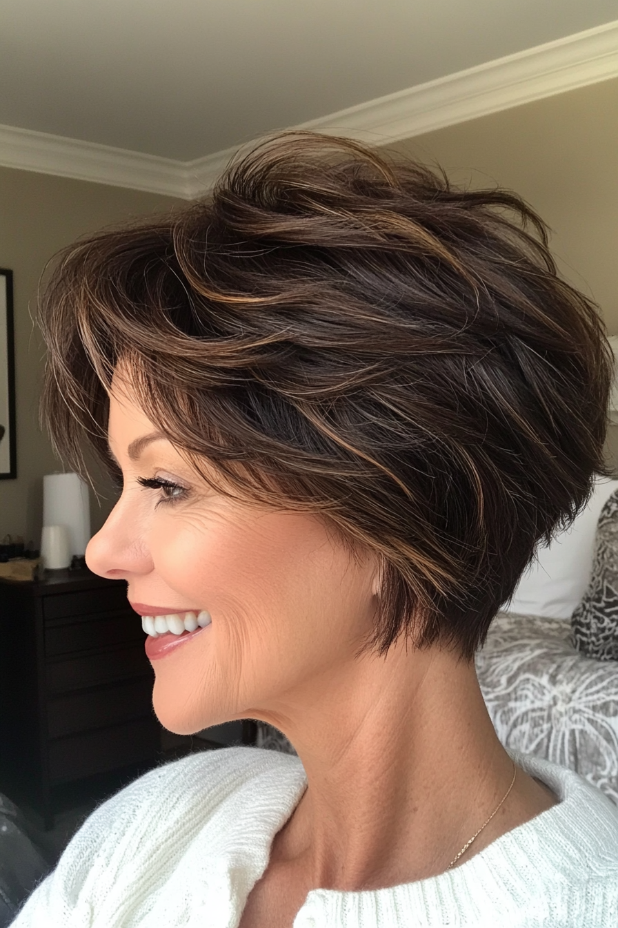 4. Tousled Dark Brown Pixie with Subtle Highlights (Short Pixie Haircuts For Older Women) - Short Pixie Haircuts For Older Women