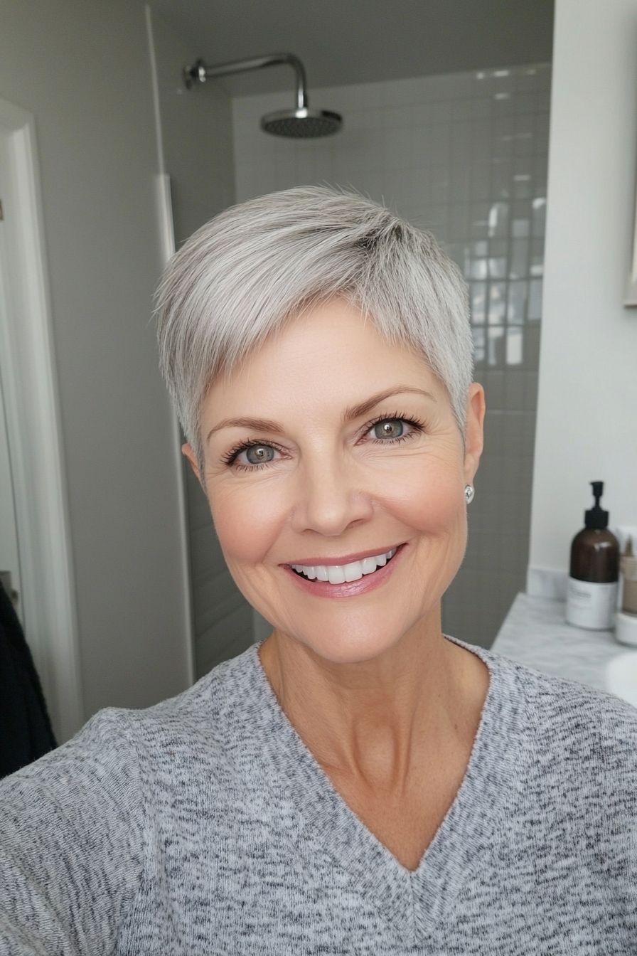 5. Sleek Salt-and-Pepper Pixie (Short Pixie Haircuts For Older Women) - Short Pixie Haircuts For Older Women