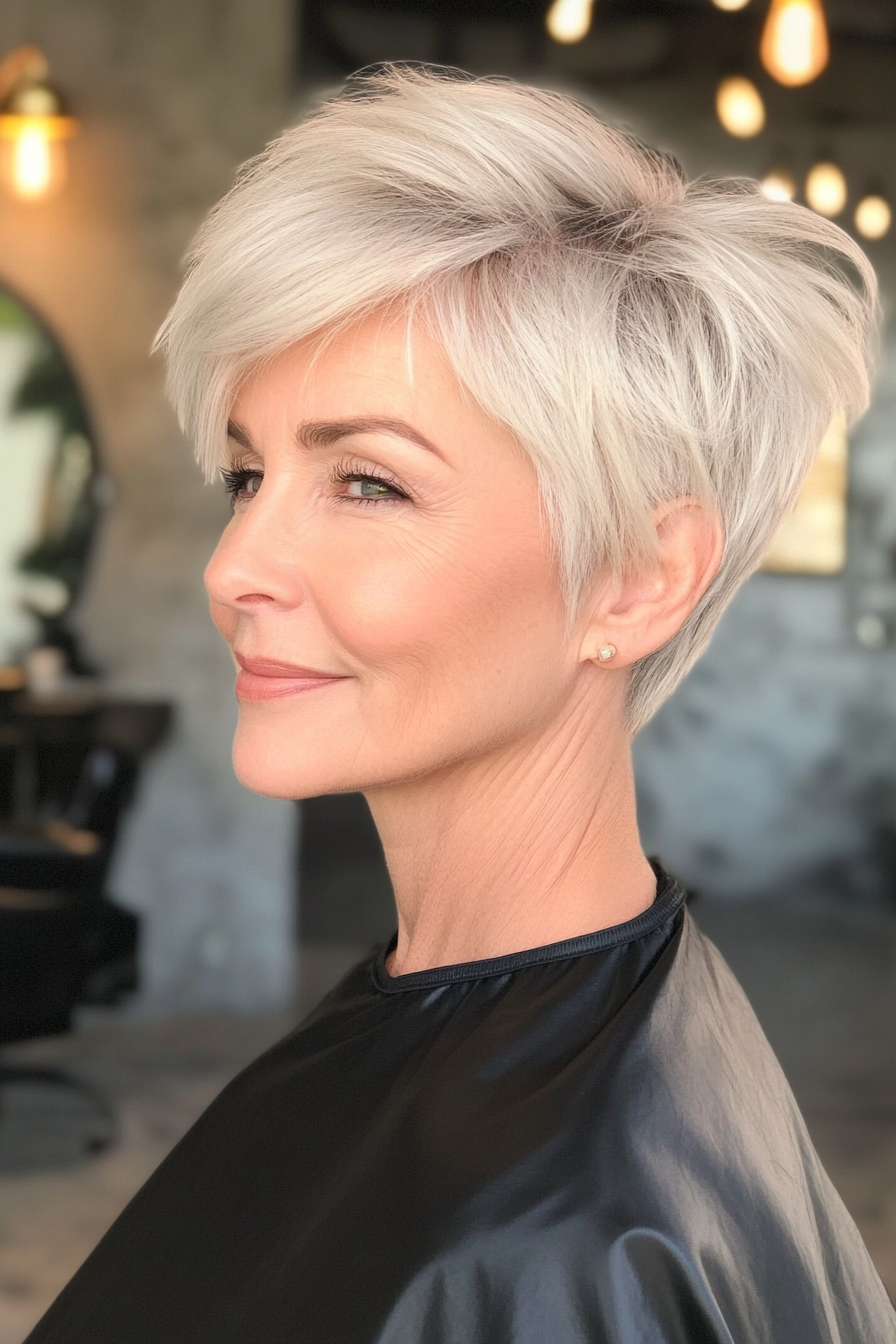 9. Layered Silver Pixie with Side-Swept Bangs (Short Pixie Haircuts For Older Women) - Short Pixie Haircuts For Older Women