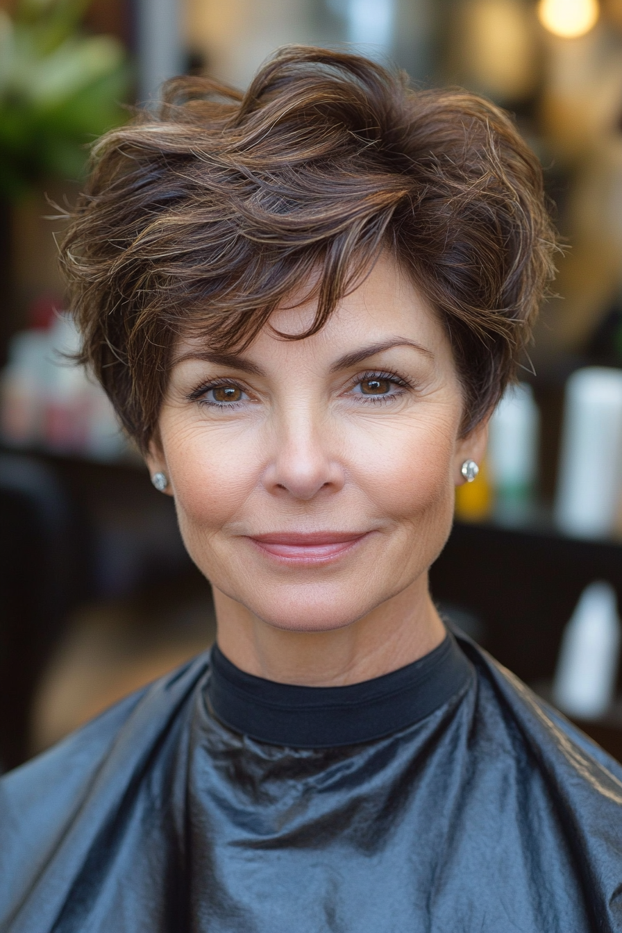 12. Modern Brunette Pixie with Textured Crown (Short Pixie Haircuts For Older Women) - Short Pixie Haircuts For Older Women