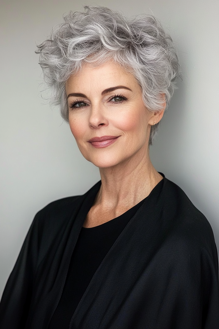 20. Curly Silver Pixie with Defined Layers (Short Pixie Haircuts For Older Women) - Short Pixie Haircuts For Older Women