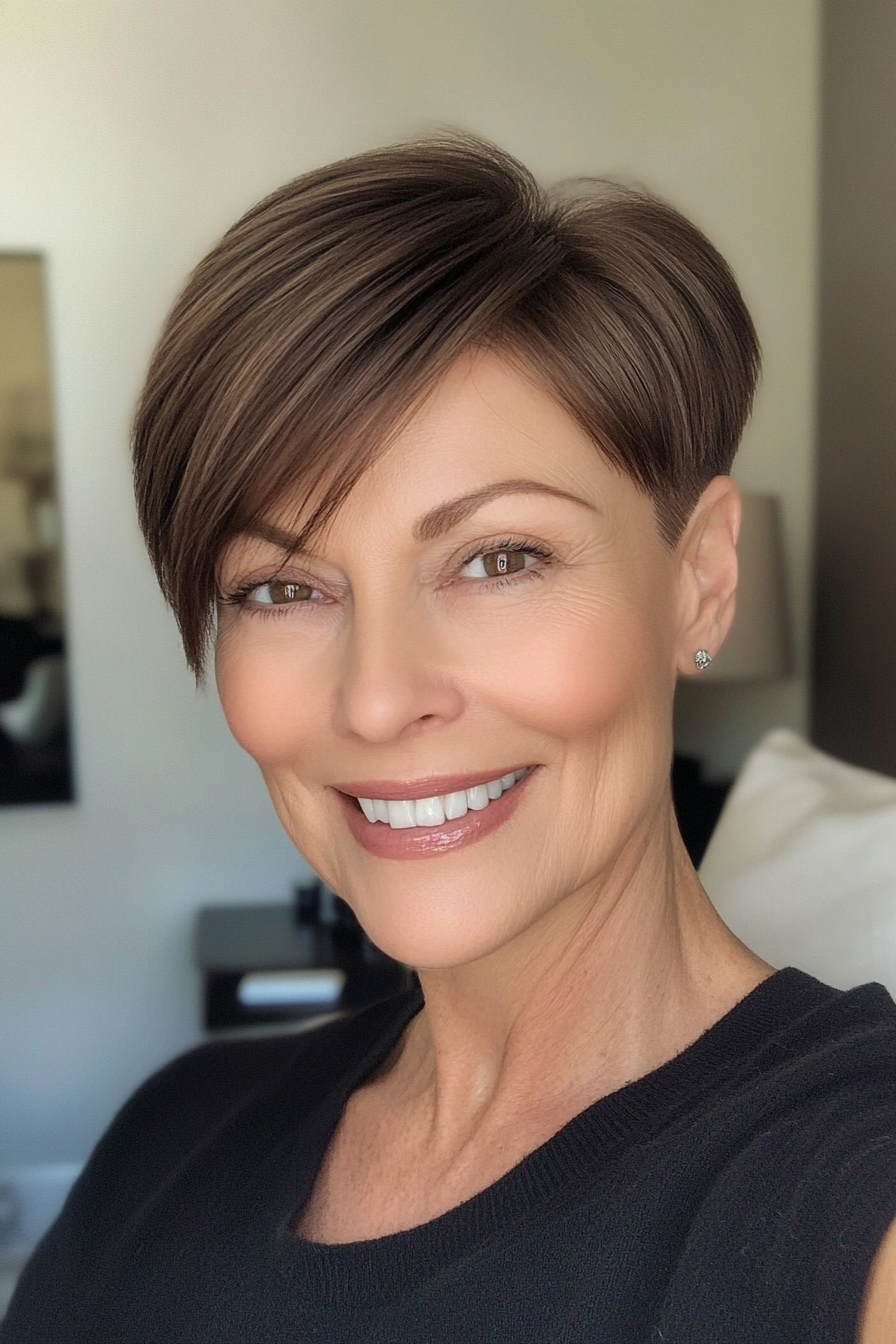 21. Straight Brunette Pixie with Side-Swept Fringe (Short Pixie Haircuts For Older Women) - Short Pixie Haircuts For Older Women