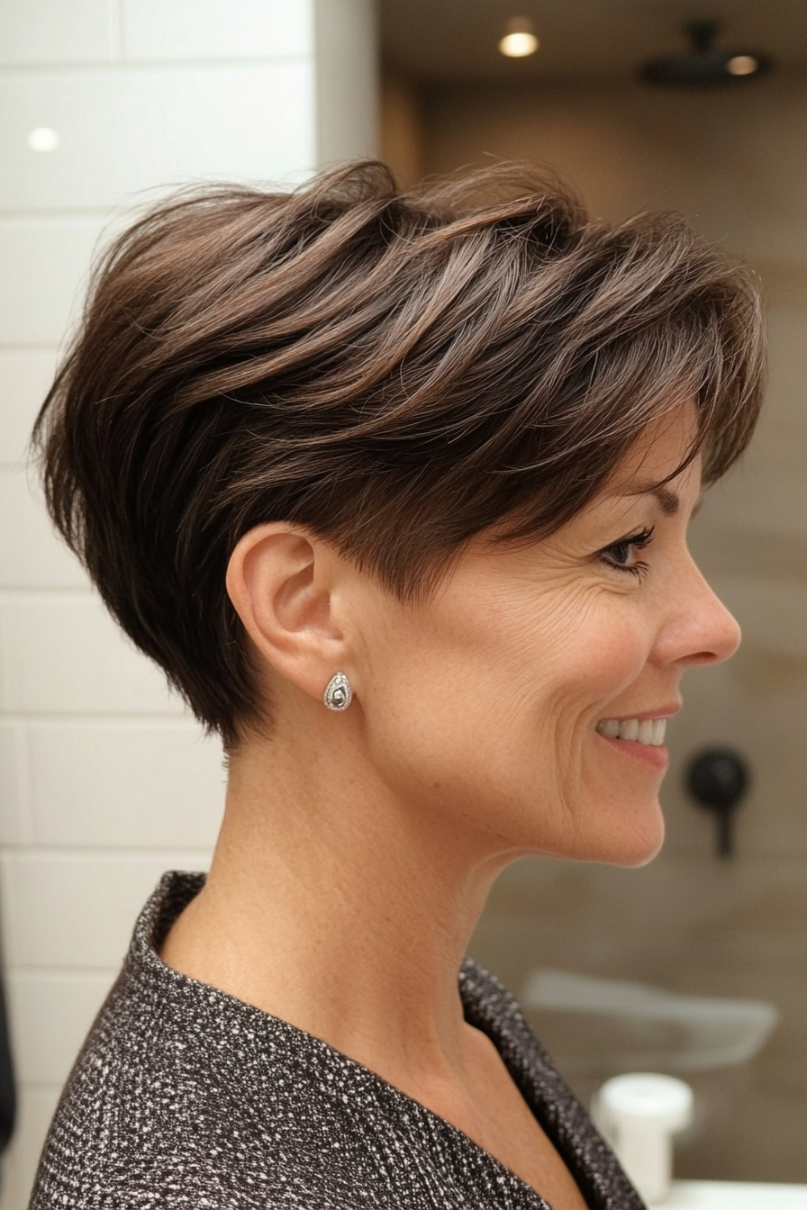 23. Dark Mocha Pixie with Textured Top (Short Pixie Haircuts For Older Women) - Short Pixie Haircuts For Older Women