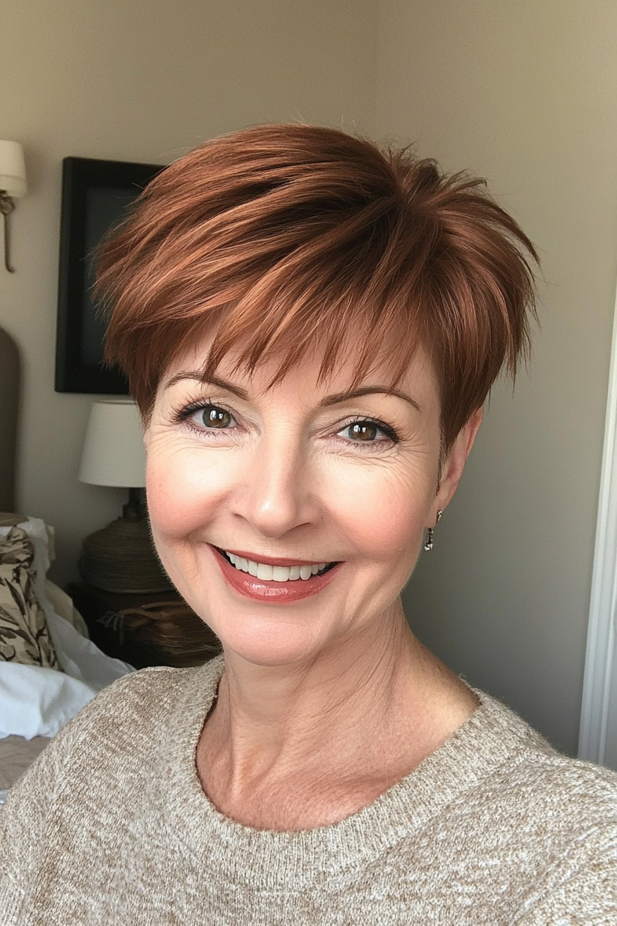 24. Layered Cinnamon Pixie with Soft Movement (Short Pixie Haircuts For Older Women) - Short Pixie Haircuts For Older Women