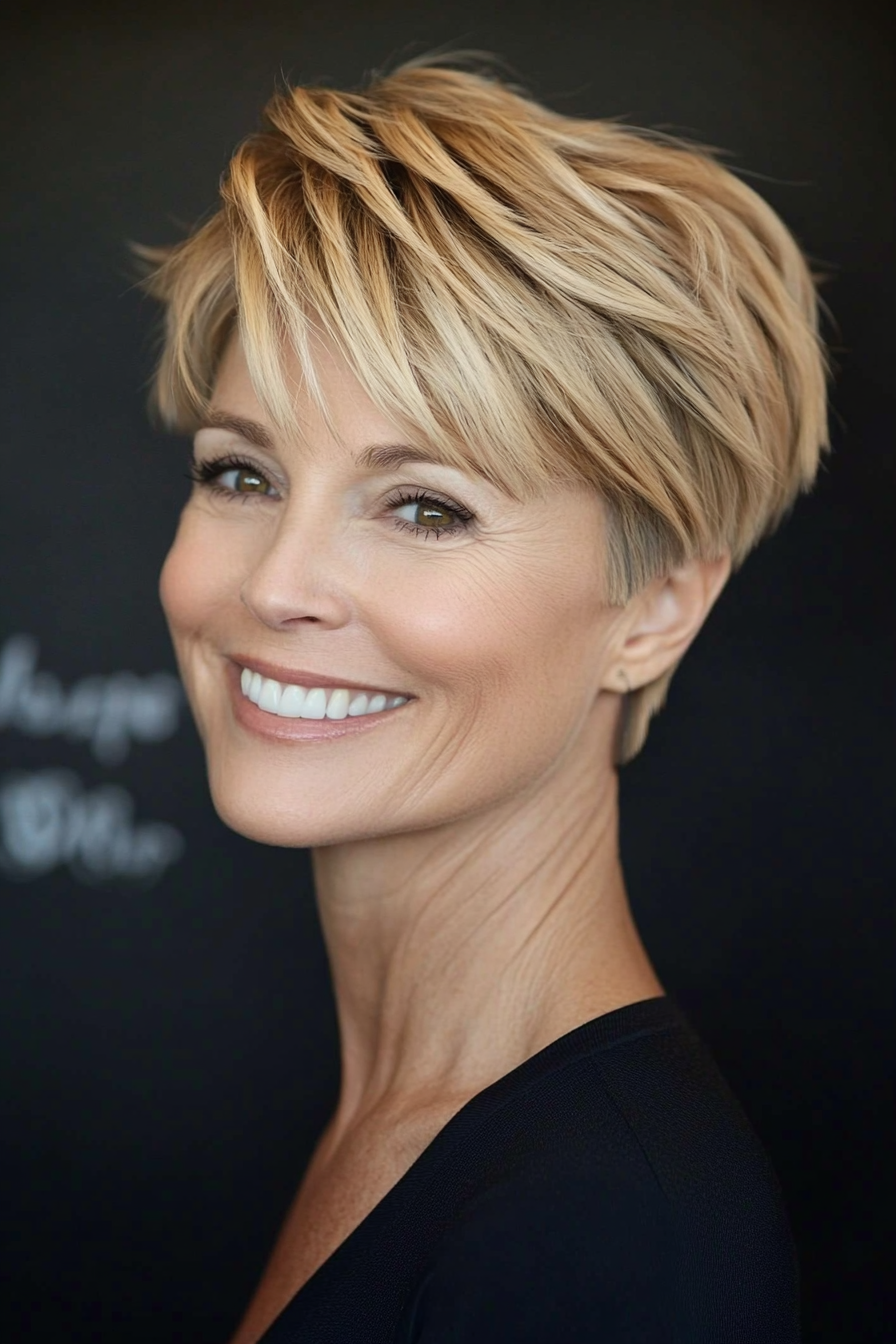 27. Golden Blonde Pixie with Soft Crown Layers (Short Pixie Haircuts For Older Women) - Short Pixie Haircuts For Older Women