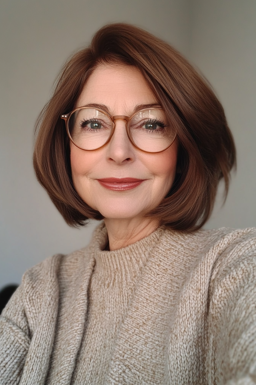 1. Soft Layered Bob with Warm Chestnut (Haircuts For Women Over 60 With Glasses) - Haircuts For Women Over 60 With Glasses