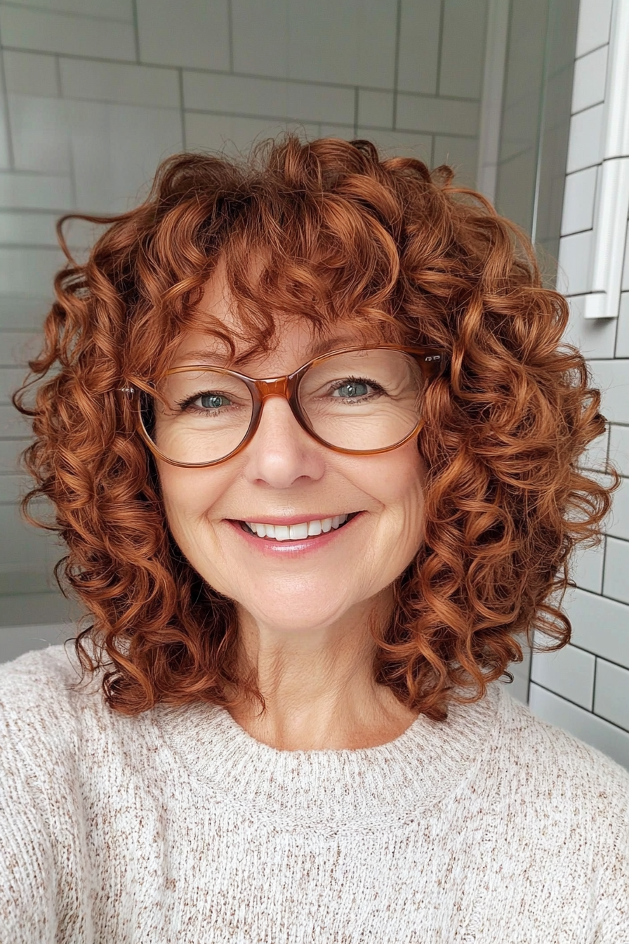 6. Curly Chin-Length Cut with Dark Auburn (Haircuts For Women Over 60 With Glasses) - Haircuts For Women Over 60 With Glasses