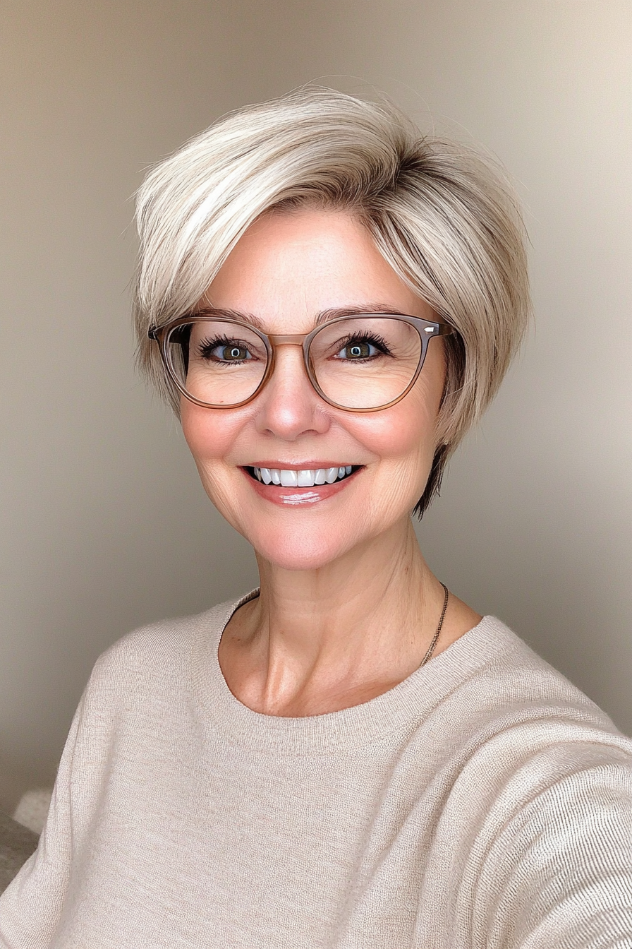 8. Short Feathered Crop with Ash Blonde (Haircuts For Women Over 60 With Glasses) - Haircuts For Women Over 60 With Glasses