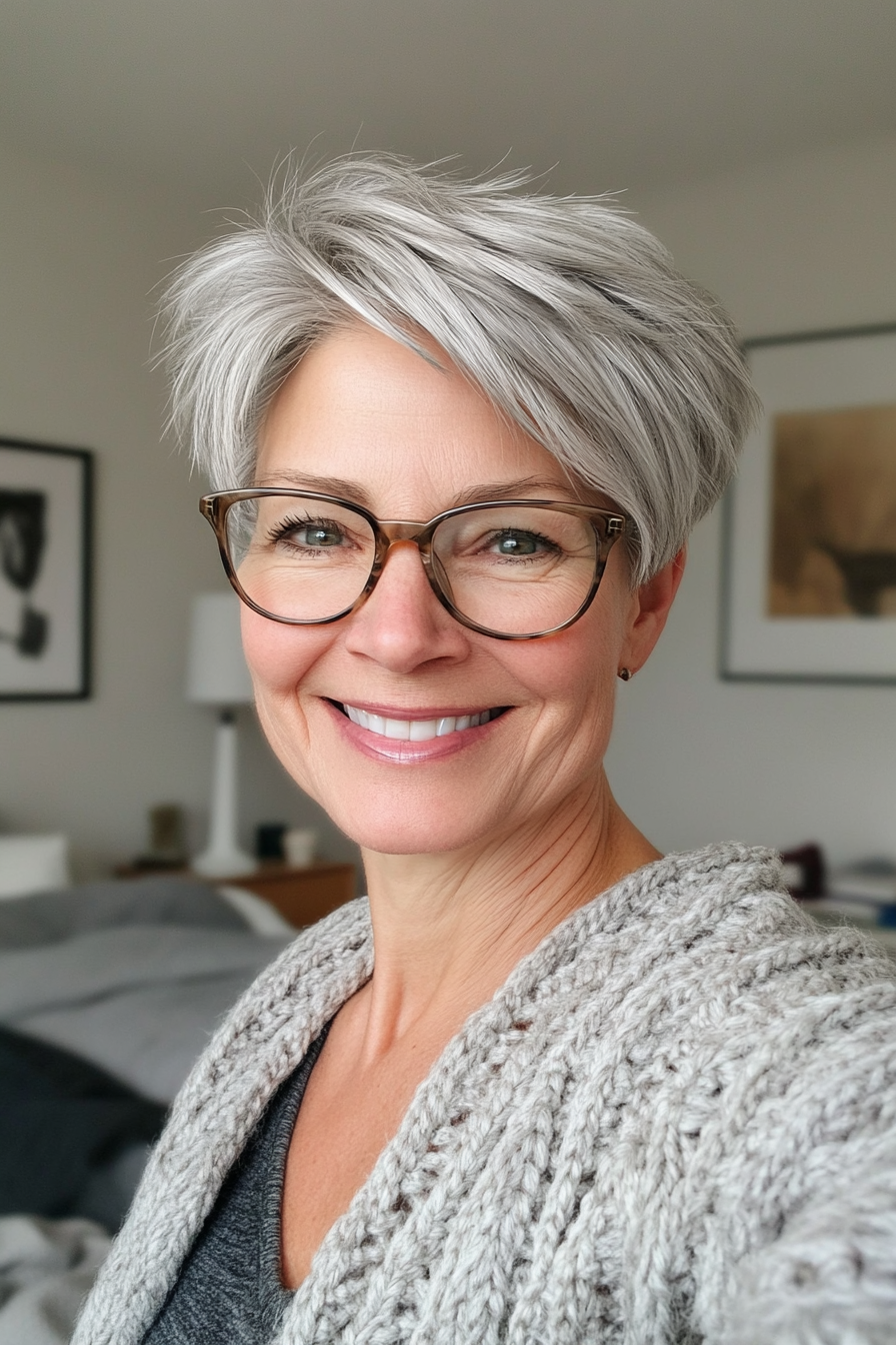 10. Layered Pixie with Natural Silver (Haircuts For Women Over 60 With Glasses) - Haircuts For Women Over 60 With Glasses