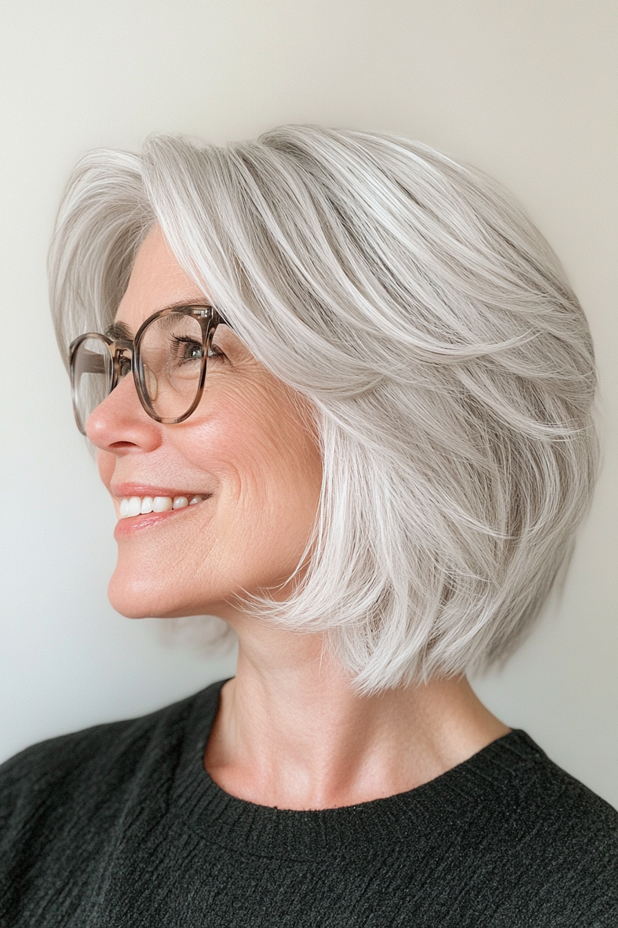 16. Choppy Crop with White Silver (Haircuts For Women Over 60 With Glasses) - Haircuts For Women Over 60 With Glasses