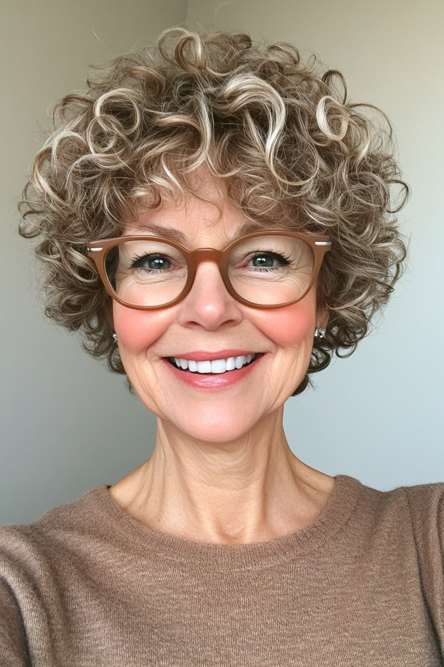 18. Curly Tapered Cut with Warm Caramel (Haircuts For Women Over 60 With Glasses) - Haircuts For Women Over 60 With Glasses