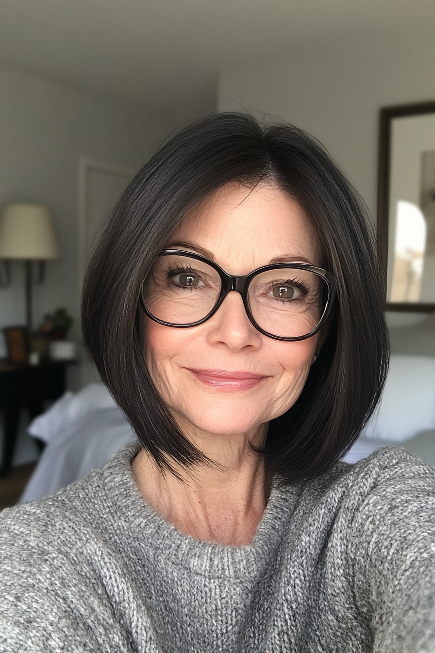 21. Chin-Length Layers with Natural Black (Haircuts For Women Over 60 With Glasses) - Haircuts For Women Over 60 With Glasses
