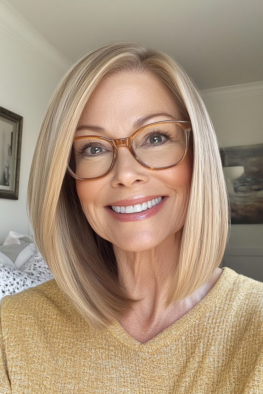22. Side-Parted Lob with Honey Blonde (Haircuts For Women Over 60 With Glasses) - Haircuts For Women Over 60 With Glasses