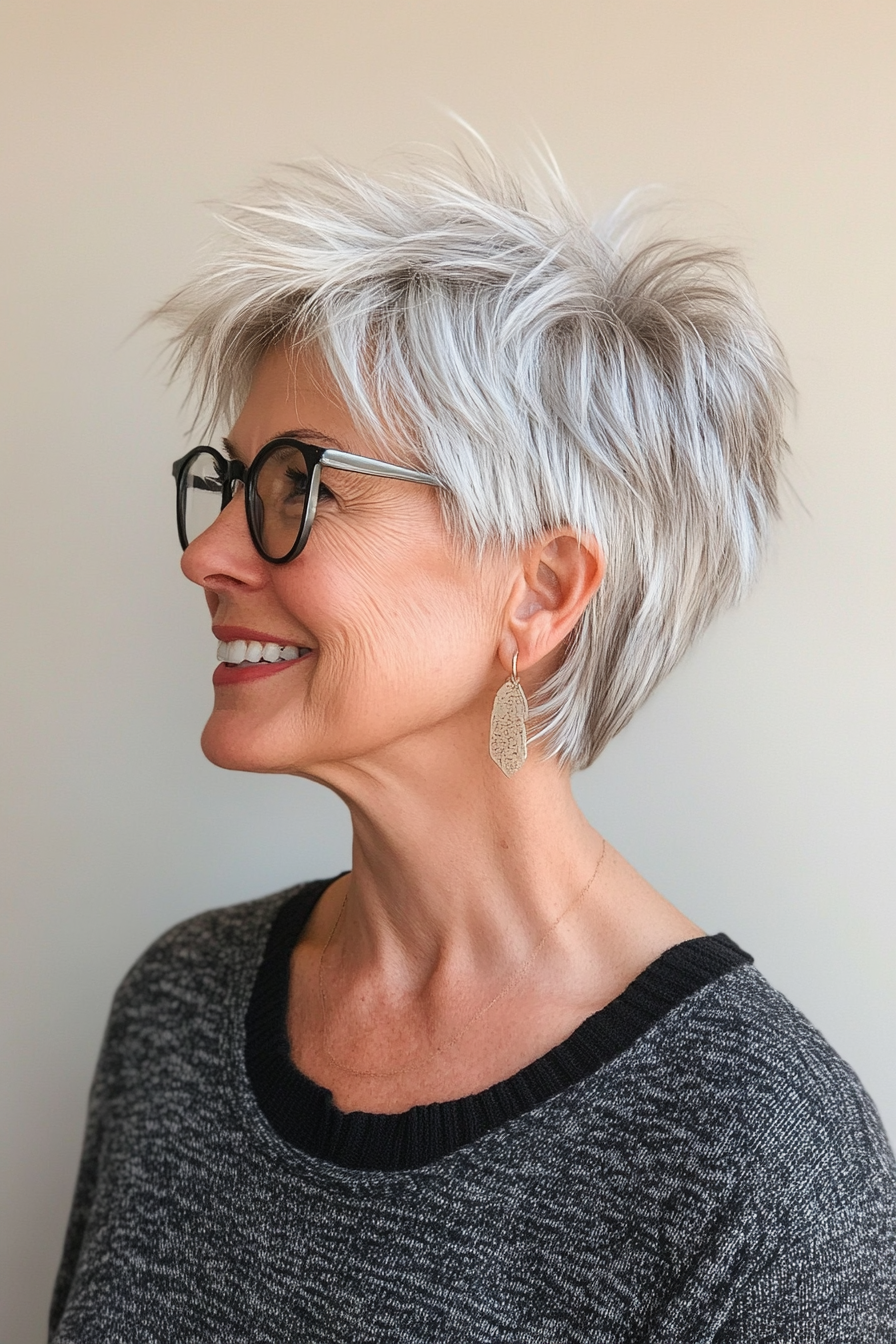 24. Shaggy Pixie with Platinum Silver (Haircuts For Women Over 60 With Glasses) - Haircuts For Women Over 60 With Glasses