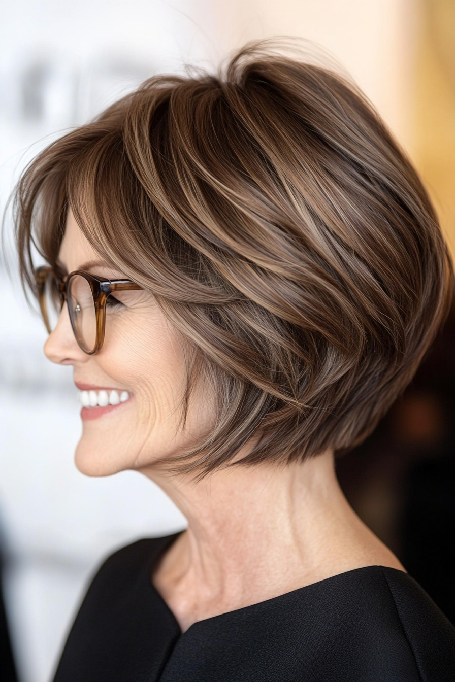 25. Short Stacked Bob with Mocha Brown (Haircuts For Women Over 60 With Glasses) - Haircuts For Women Over 60 With Glasses